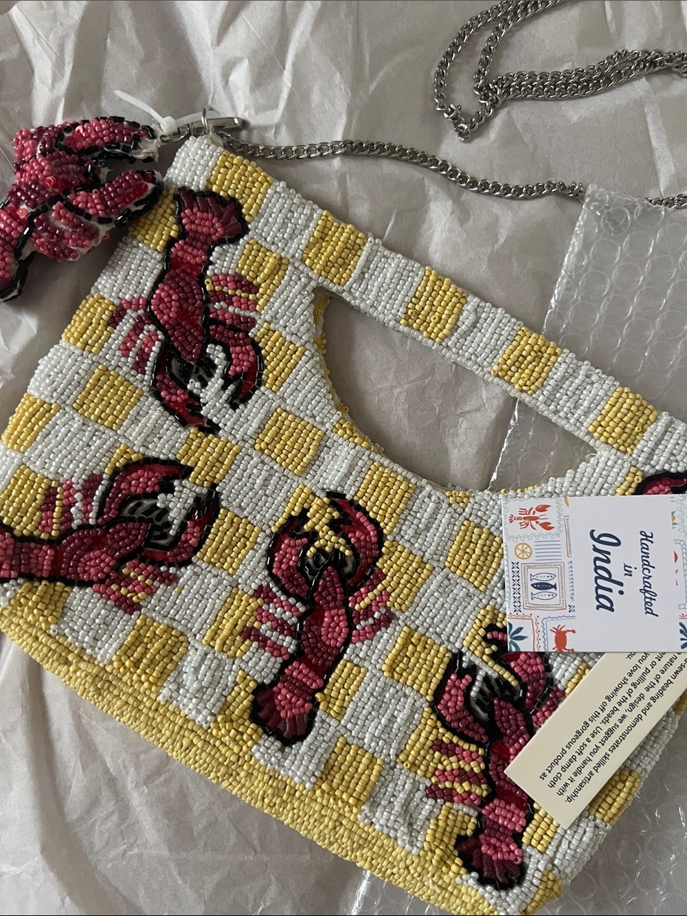 🦞Hand Beaded in India Lobster Pattern Handbag in White, Yellow Red & Pink Viral